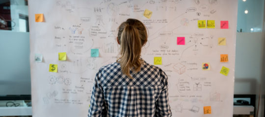 Woman sketching a business plan at a creative office